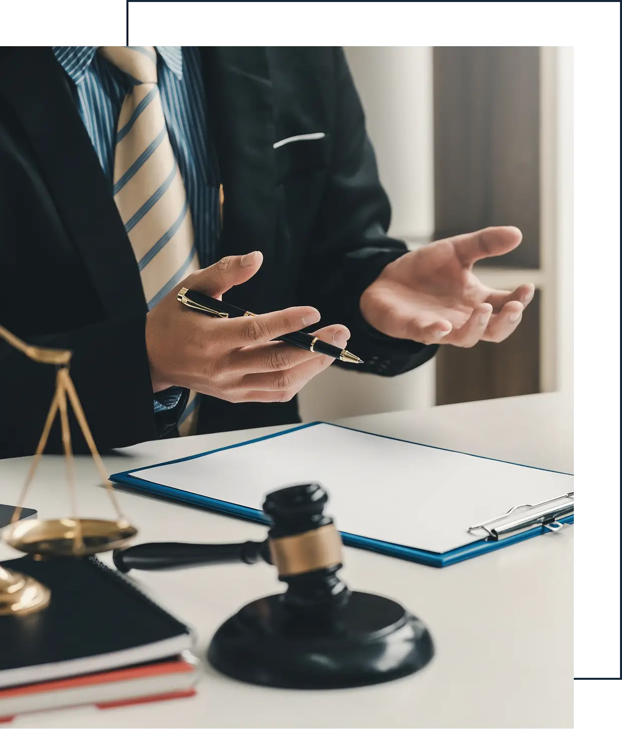 Lawyer discussing case with hand gestures