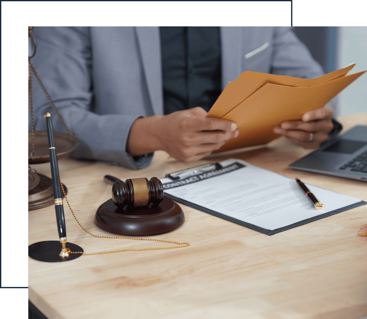 Legal professional with gavel and papers